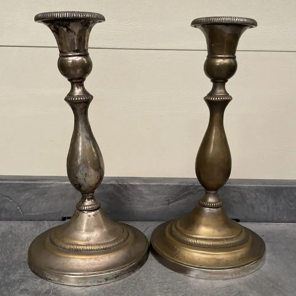 Vintage Silver-Plated Brass Candlesticks with Heavy Patina